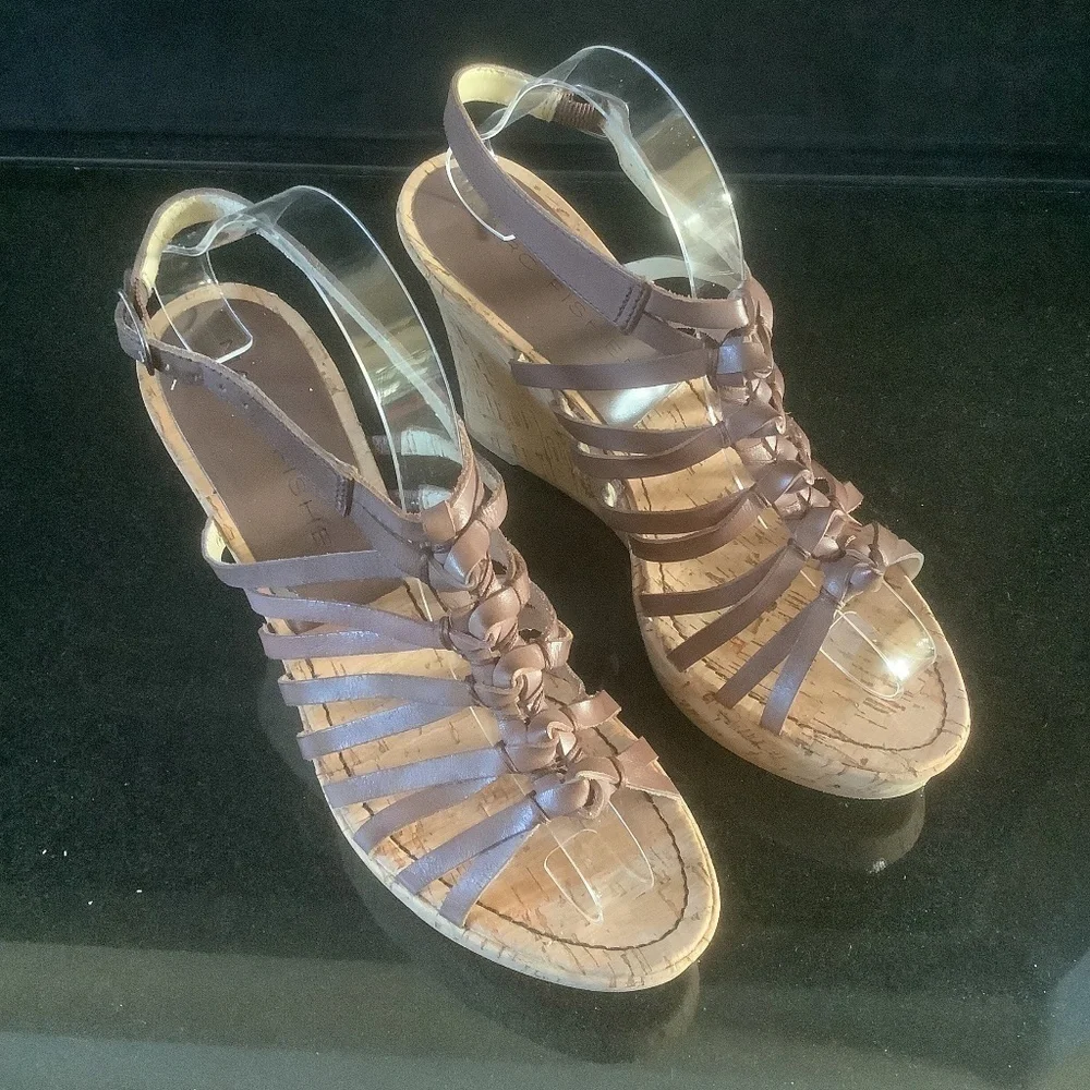NEW Marc Fisher MFCARNIE Leather Cork Wedge Ankle‎ Strap Sandal Sz 10